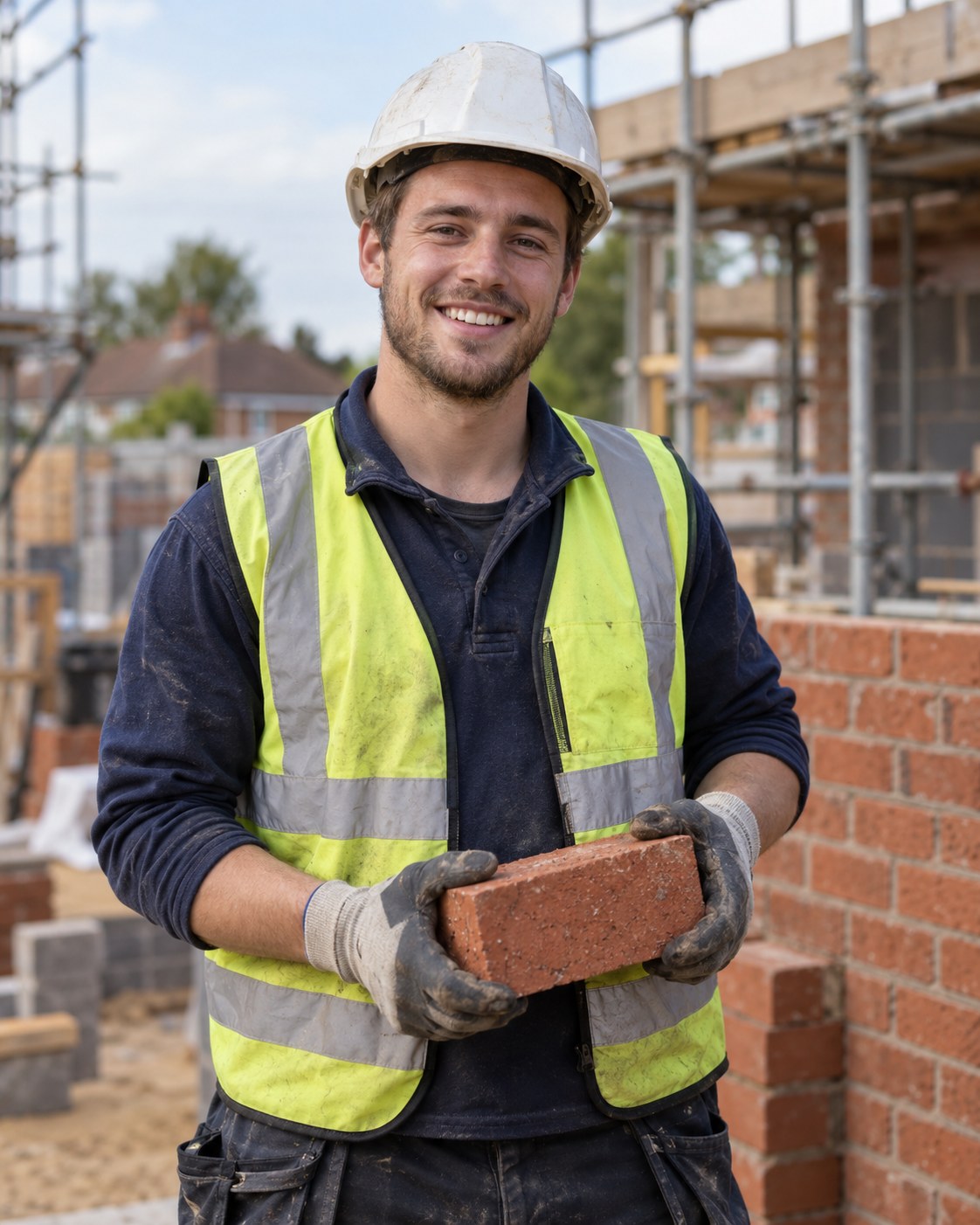 Young builder smiling on a building site, holding a red brick in gloved hands