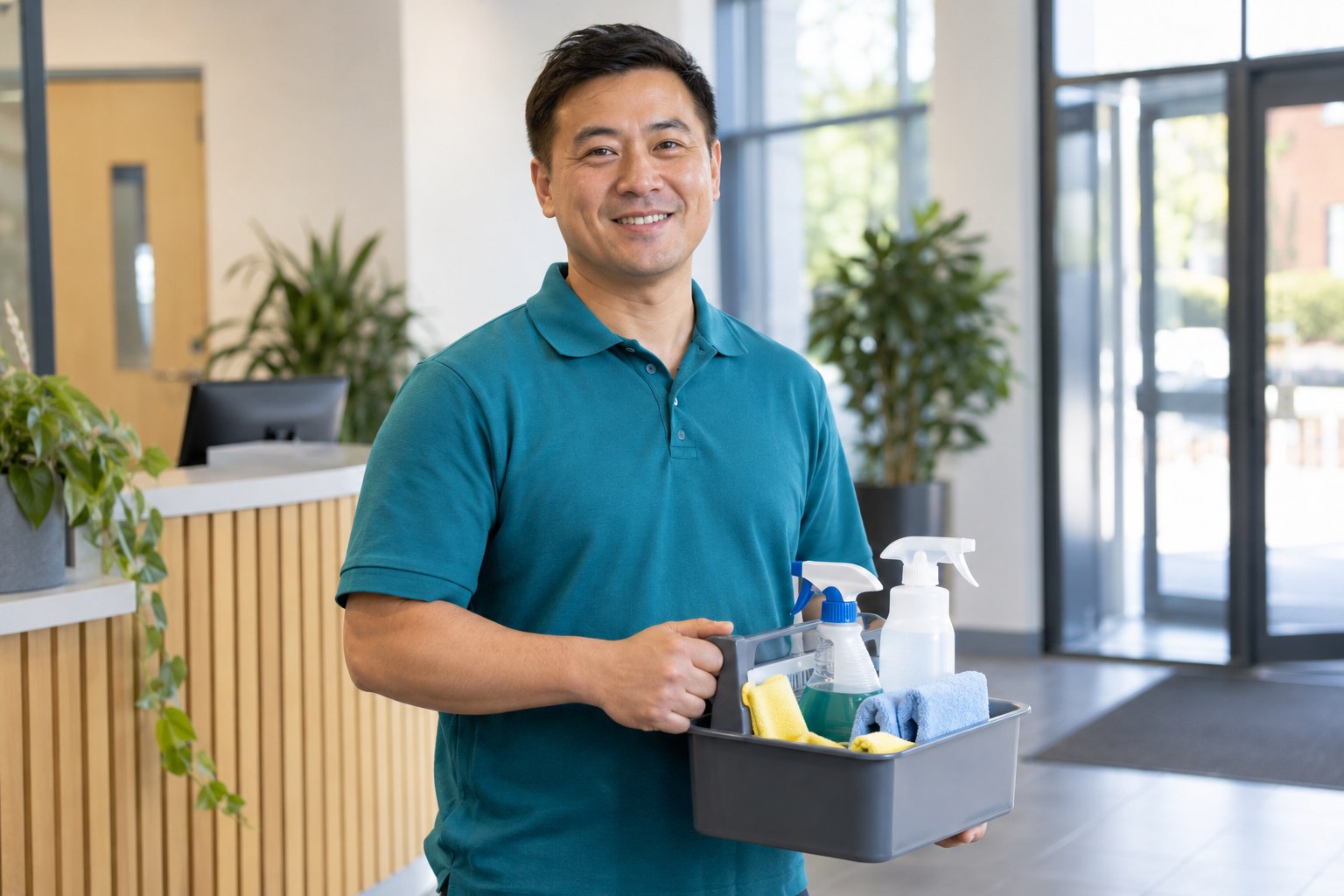 Professional cleaner smiling while holding a cleaning caddy in a bright office