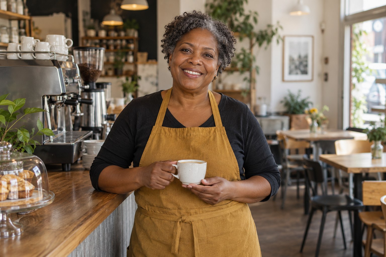 Cafe owner smiling behind a counter while holding a coffee cup