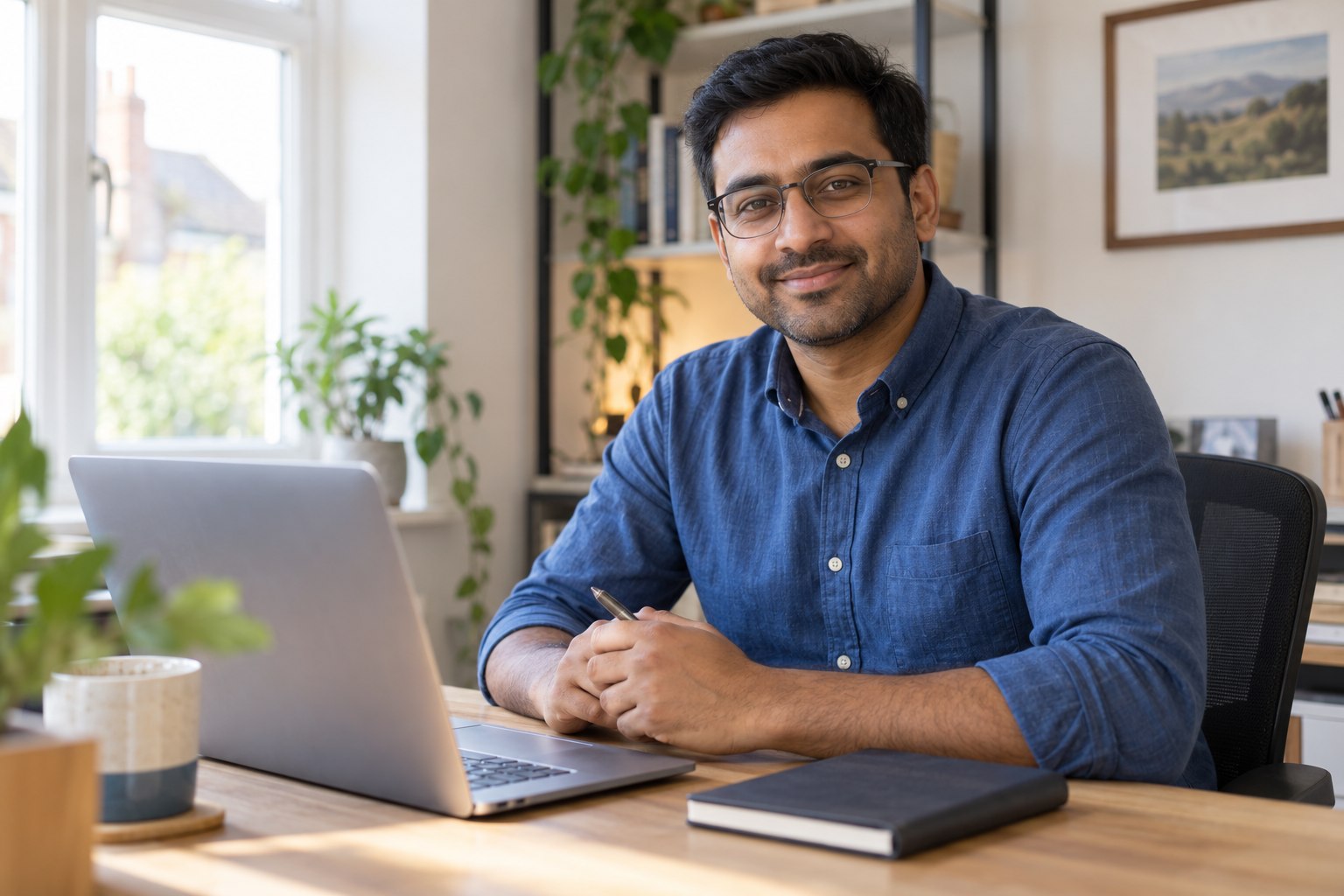 Freelance consultant smiling at a desk in a bright home office