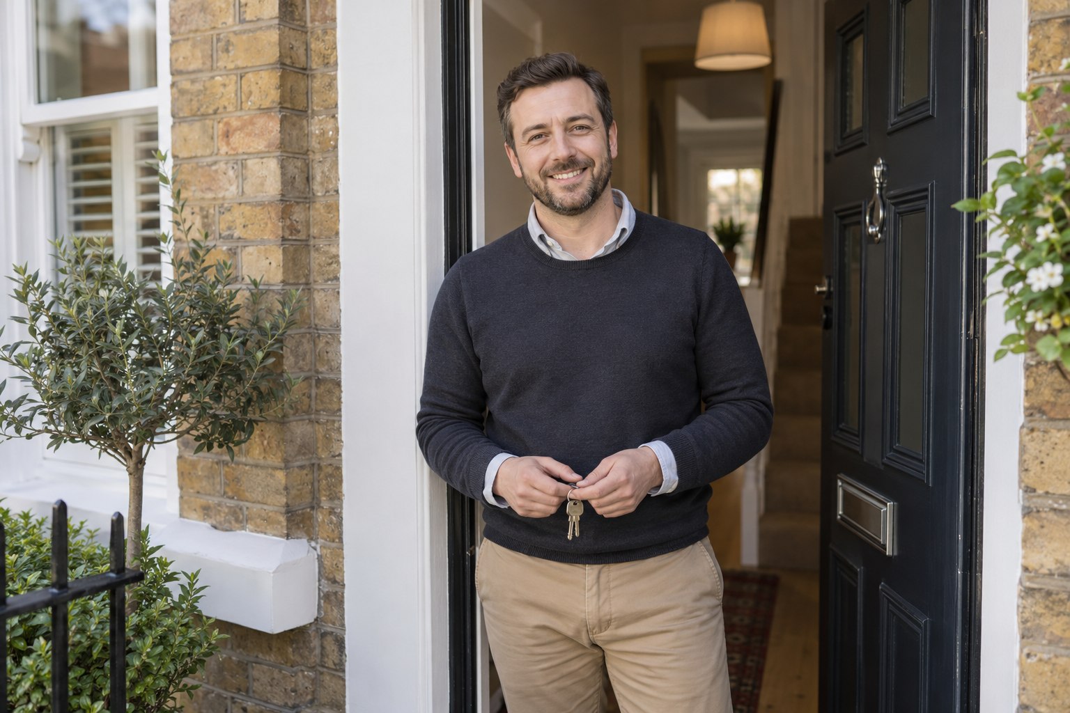 Residential property manager smiling at a rental home's doorway while holding keys
