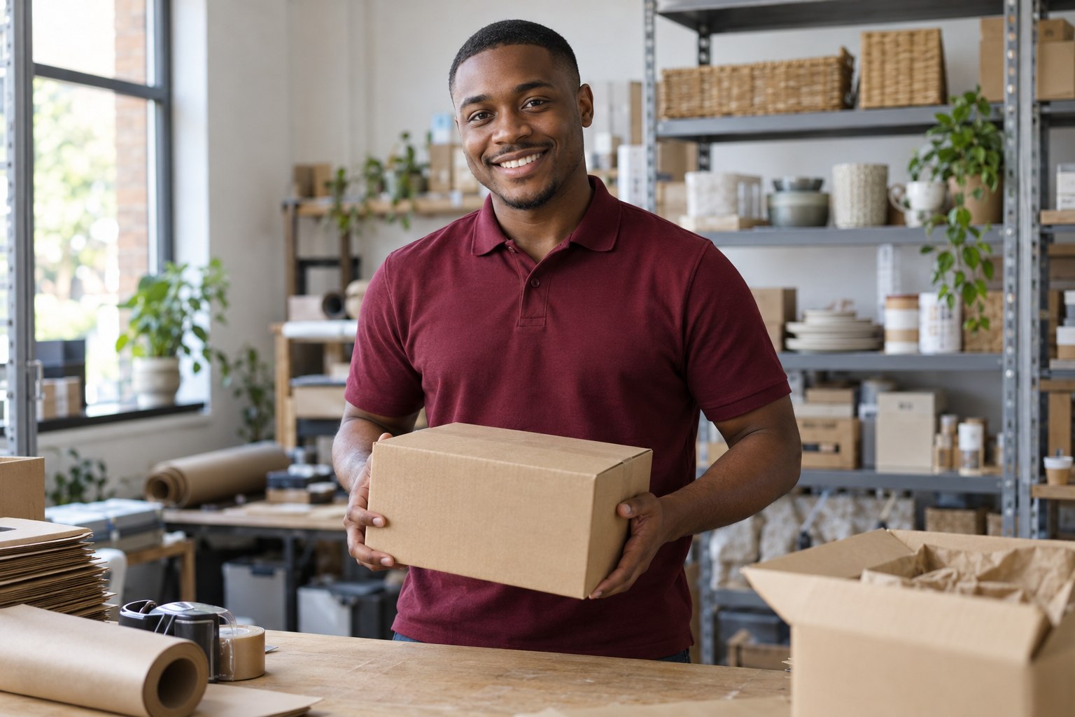 Online retail business owner smiling while holding a parcel at a packing bench