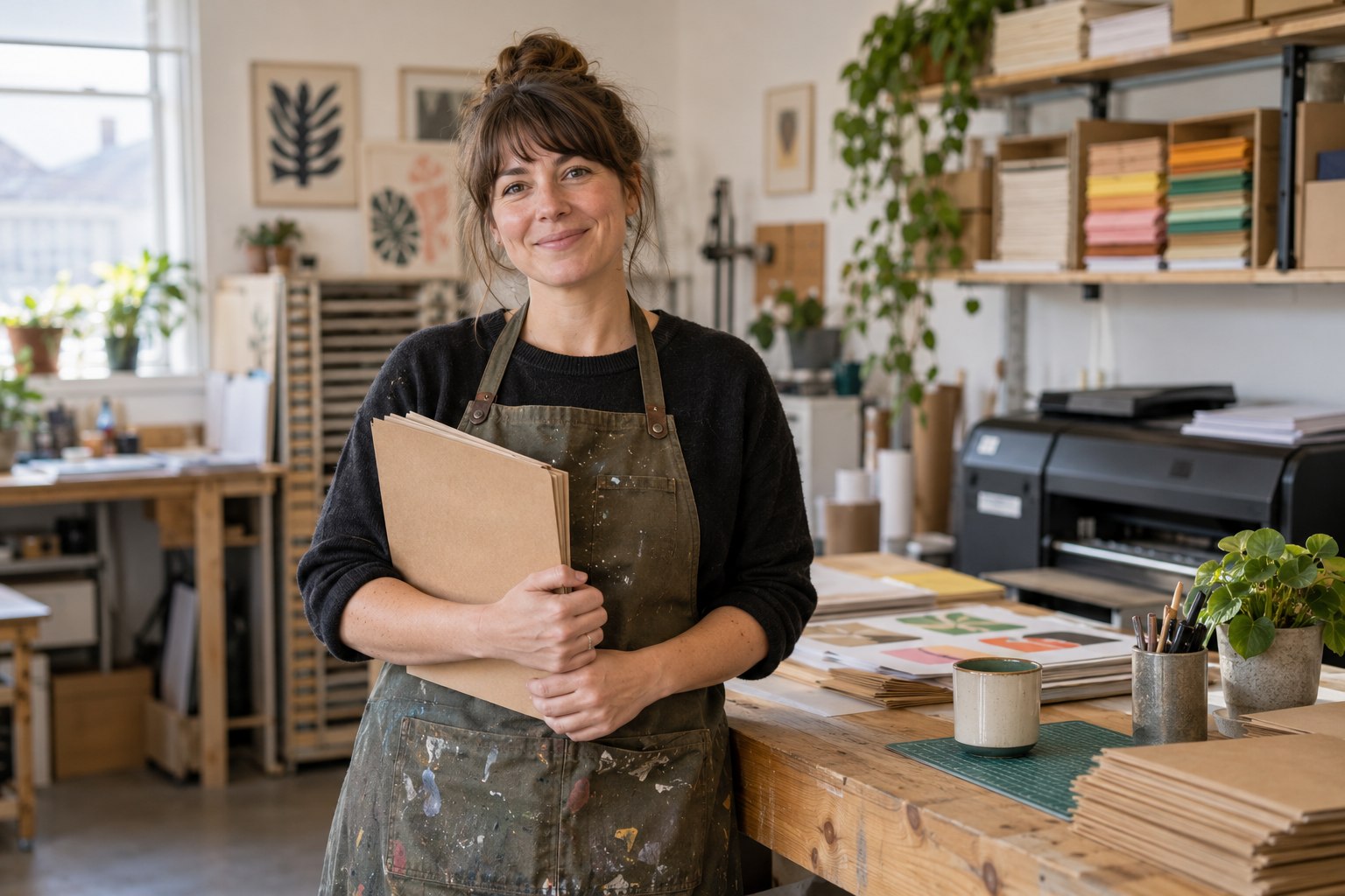 Smiling small-business owner in an independent print workshop