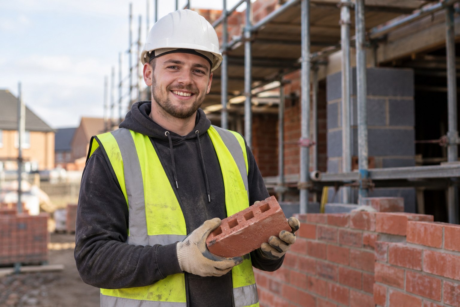 Young builder smiling on a building site while holding a red brick