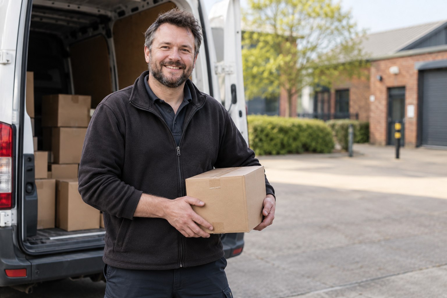 Delivery-business owner smiling beside a stationary van while holding a parcel