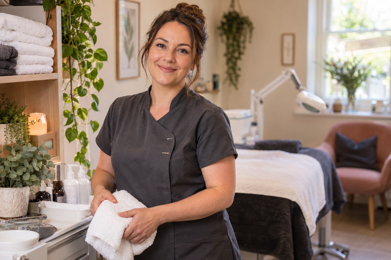 Beauty salon owner smiling beside a tidy treatment workstation
